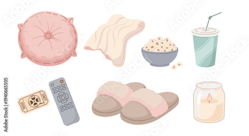 Cozy home comfort items for a relaxing evening at home, featuring a pillow, blanket, popcorn, drink, movie tickets, remote control, slippers, and a lit candle.