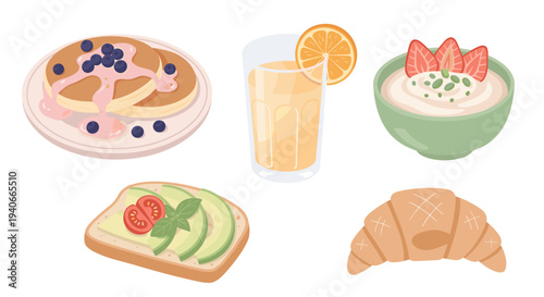 Delicious breakfast items including pancakes, orange juice, yogurt, avocado toast, and a croissant are beautifully arranged for a healthy morning meal.