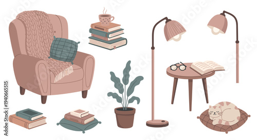 Cozy home interior elements with an armchair, books, lamps, and a sleeping cat create a warm and inviting atmosphere for relaxation.