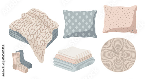 Cozy home textiles and soft accessories including knitted blankets, decorative pillows, warm socks, and folded towels for comfort.