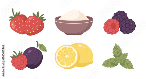 Various fresh fruits, sugar, and mint leaves are arranged in a colorful, flat illustration style, perfect for healthy eating concepts.