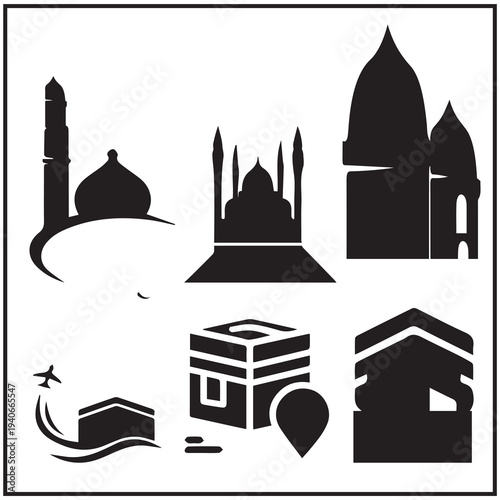 Islamic Mosque, Kaaba and Minaret Vector Illustration – Ramadan and Eid Islamic Architecture Design