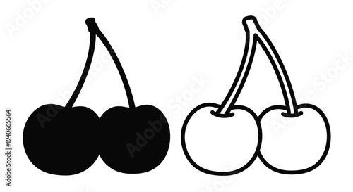 Black and white illustration of two cherries with stems shown