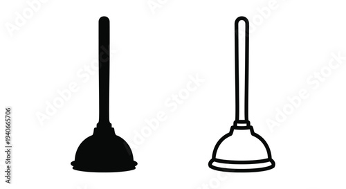 Two black silhouette images of classic plunger tools displayed side by side