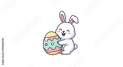 White_Cartoon_Bunny_Holding_Decorated_Easter_Egg_Illustration_Festive_Pastel_Colors_Facing_Left_Joyful_Scene