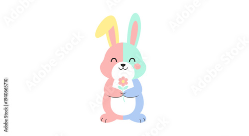 Easter Bunny Cartoon Illustration with Split-Color Design Holding a Star-Shaped Decoration in Transparent Background