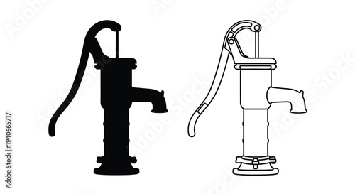 Two vintage water pumps depicted in contrasting black and white styles