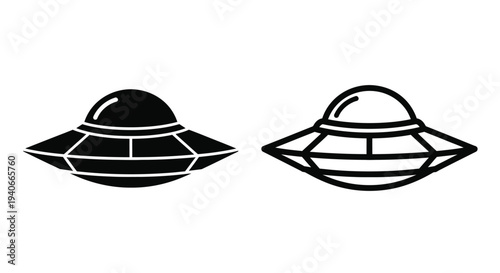 Two black and white illustrations depicting classic unidentified flying objects