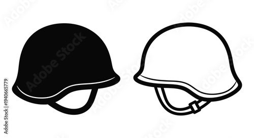 Two military helmets one solid black and one outlined in white