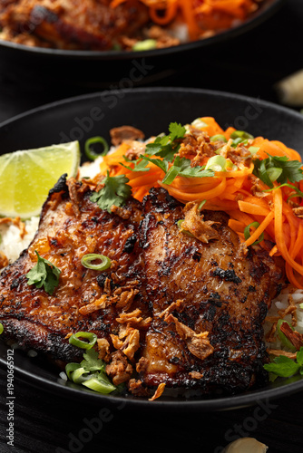 Lemongrass chicken thigh with carrot pickles, rice and fried onion