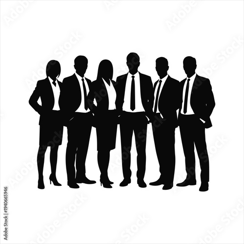 Group of diverse business professionals standing together, depicted as full length silhouettes in formal attire on a white background, symbolizing teamwork and corporate success