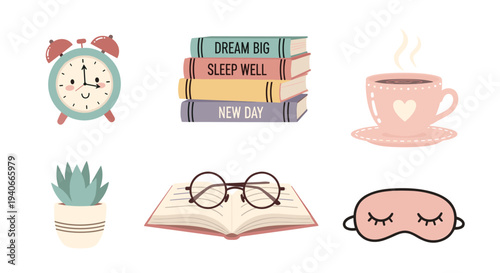 Various daily lifestyle objects for a cozy and productive morning routine, including an alarm clock, books, coffee, and a sleep mask.