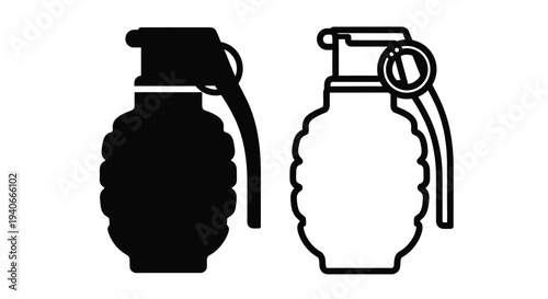 Two depictions of hand grenades in contrasting black styles