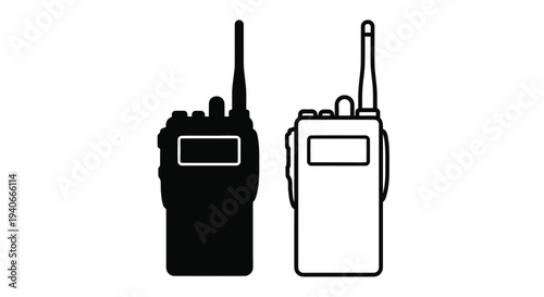 Two walkie talkies depicted in contrasting black and white silhouettes