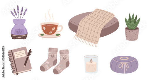Cozy home comfort items collection illustration set for relaxation and well-being, featuring a diffuser, tea, blanket, plant, notebook, socks, candle, and decorative box.