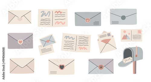 Envelopes and letters are beautifully illustrated in a charming pastel color palette, symbolizing various forms of communication and correspondence.