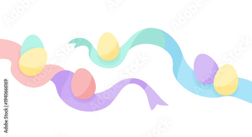 Easter celebration with colorful ribbons and eggs in a whimsical digital illustration