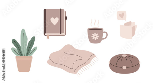 Cozy home items collection featuring a plant, notebook, steaming mug, soft blanket, and a comfortable cushion, perfect for a relaxed lifestyle.