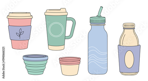 Reusable containers for drinks and food are illustrated in a pastel color palette, promoting sustainable and eco-friendly lifestyle choices.