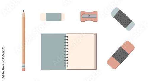 Various stationery items including a pencil, erasers, a sharpener, and a spiral notebook are neatly arranged, showcasing essential tools for learning and creativity.