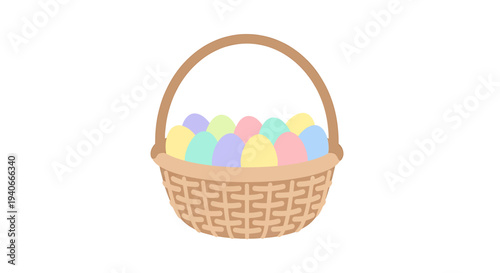 Easter eggs in wicker basket against plain environment from central viewpoint