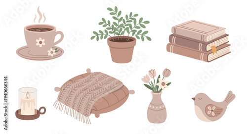 Cozy home items collection featuring a steaming cup, potted plant, books, candle, and soft textiles for a relaxing domestic atmosphere.