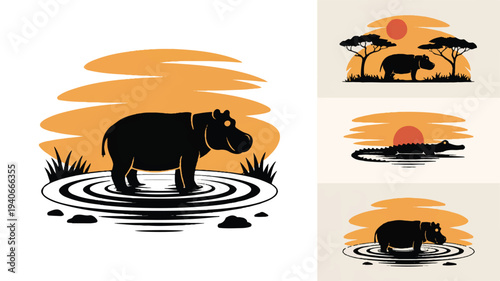 Silhouette of a hippopotamus standing in water with grass and rocks around it and sunset in the background