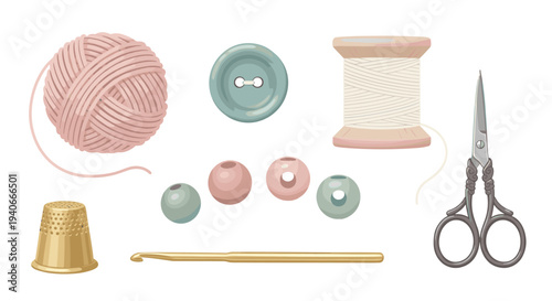 Various sewing and crafting tools and accessories including yarn, thread, buttons, beads, thimble, scissors, and a crochet hook are neatly arranged.