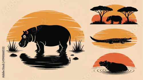 silhouette of hippopotamus and crocodile in savannah landscape with trees and sunset