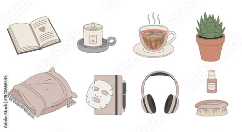 Cozy self-care items collection featuring various hand-drawn illustrations for relaxation, comfort, and personal well-being at home.
