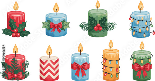 Christmas candle icon set with festive decorations holly bow pine branches and lights winter holiday symbols