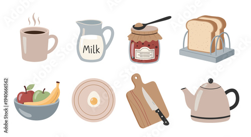 Various breakfast and kitchen items including coffee, milk, jam, toast, fruit, egg, cutting board, and teapot in a charming flat illustration style.