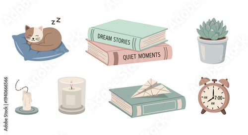 Collection of cozy home items including a sleeping cat, books, candles, and an alarm clock, perfect for illustrating relaxation and comfort.