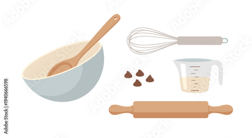 Baking tools and ingredients including a bowl, spoon, whisk, chocolate chips, measuring cup, and rolling pin ready for delicious homemade treats.