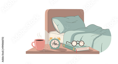 Cozy morning bedside table setup features a steaming coffee mug, an alarm clock, and a book with reading glasses, indicating a peaceful start to the day.