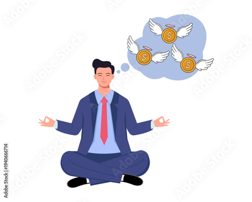 vector illustration of businessman meditates and dreams about grow business financial goals