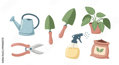 Gardening tools and supplies for planting and growing a variety of plants, including a watering can, trowels, shears, and a potted houseplant.