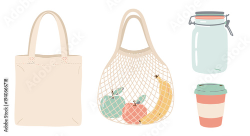 Reusable shopping bags, jar, and cup are essential items for a sustainable, zero-waste lifestyle, promoting environmental responsibility.