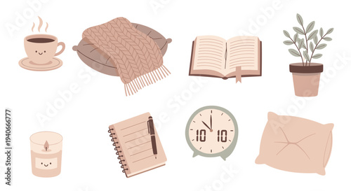 Cozy home comfort objects collection for a relaxing daily routine, self-care, and quiet moments at home, perfect for a peaceful lifestyle.