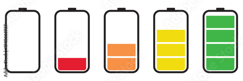 Battery charging indicator icon vactor set. Battery Charging Icon symbol, Set of 5 outline icons  battery, charger, Battery indicator symbols, symbol background
