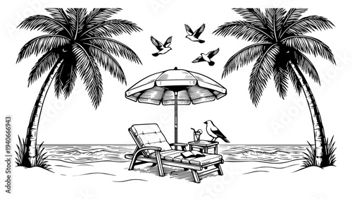 Tropical Beach Relaxation Scene with Palm Trees and Lounge Chair