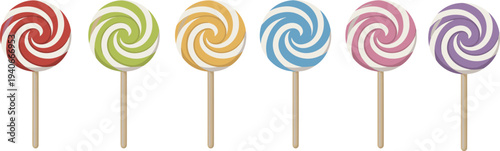 Colorful spiral lollipop candy set sweet dessert confectionery treats on stick vector illustration
