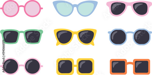 Colorful sunglasses collection set with various trendy eyewear styles isolated flat vector illustration
