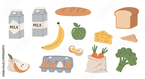 Various grocery food items including milk, bread, fruits, vegetables, and dairy products are neatly arranged in a charming flat illustration style, representing healthy eating and daily essentials.