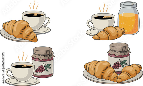 Coffee cup with croissant and jam breakfast set vector illustration bakery morning meal icons