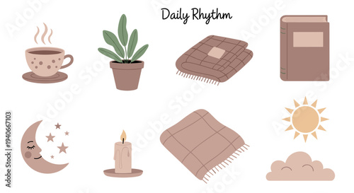 Cozy daily rhythm collection of hand-drawn illustrations depicting comfort, relaxation, and everyday elements for a peaceful lifestyle.