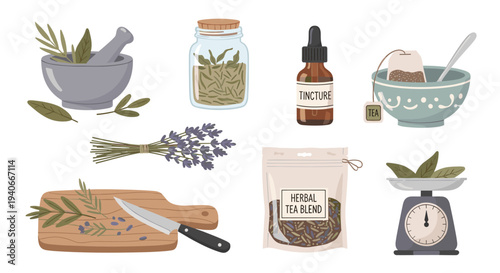 Assortment of natural herbal remedies and tea preparation tools, featuring a mortar and pestle, dried herbs, lavender, and a tincture bottle, illustrating holistic wellness.