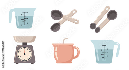 Kitchen measuring tools and baking utensils collection for accurate cooking and precise ingredient preparation in a modern flat design style.