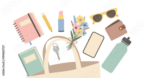 Everyday essentials spilling from a stylish tote bag, showcasing a collection of personal items for daily life, travel, or leisure activities in a flat lay illustration.