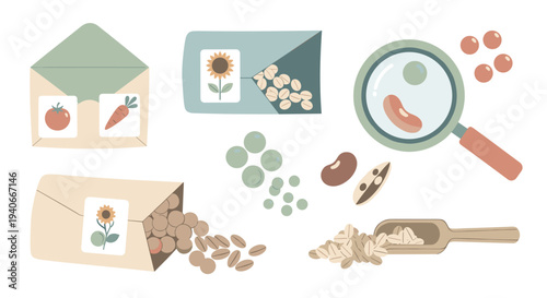 Various seeds and gardening supplies are neatly arranged, showcasing different types of plant seeds for cultivation and agricultural projects.